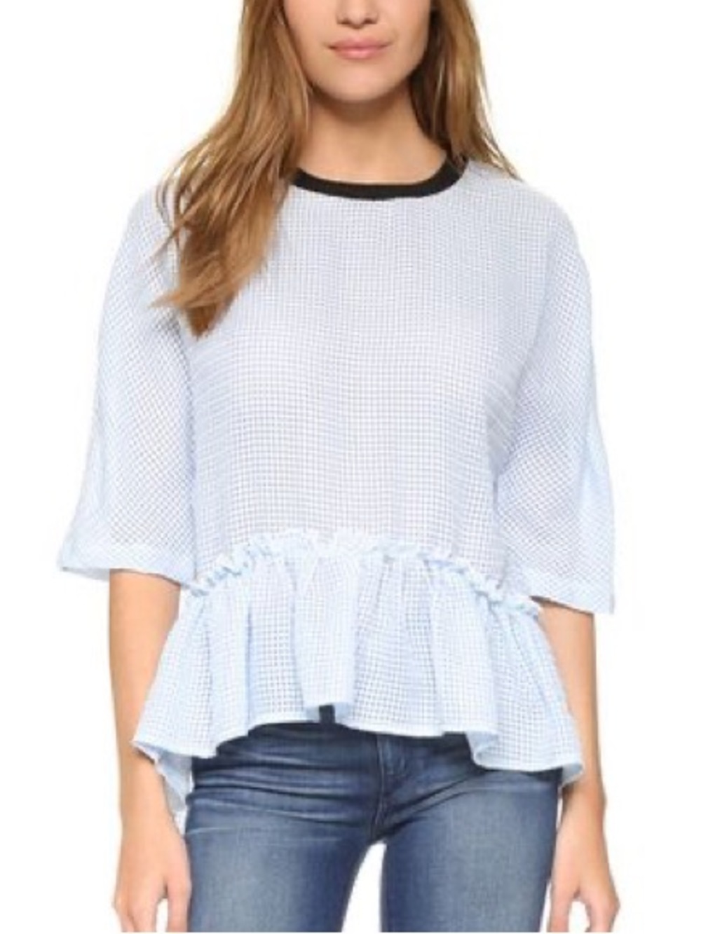 English Factory Gingham Blue & White Ruffle Peplum Top Size S